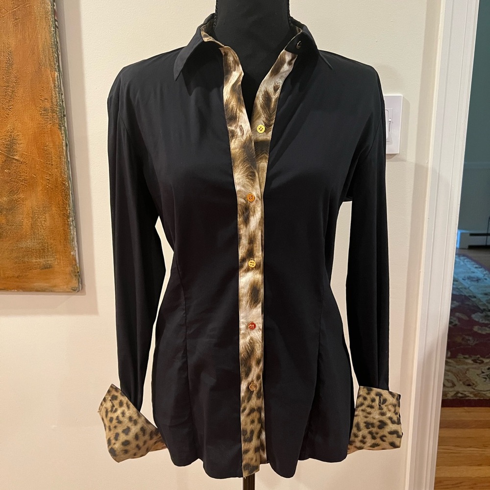 Roberto Cavalli Black and Tan Button Down Shirt with Notched Collar